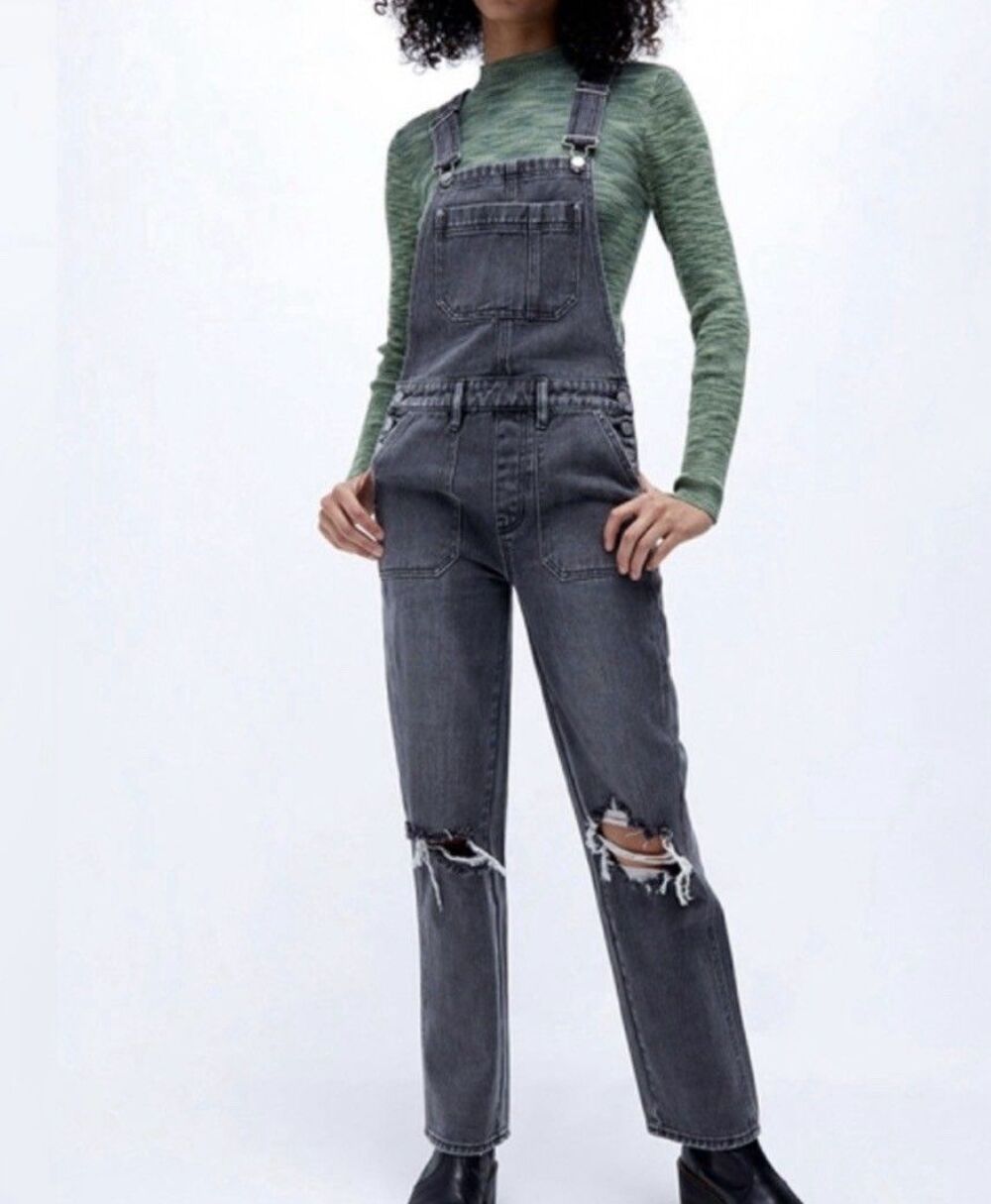Pacsun Jeans Overalls Straight Distressed Black Cotton Womens Size XS NEW $75